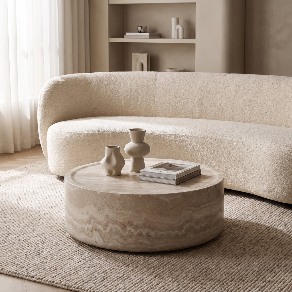 Table basse ronde beige en fibre de verre – design moderne