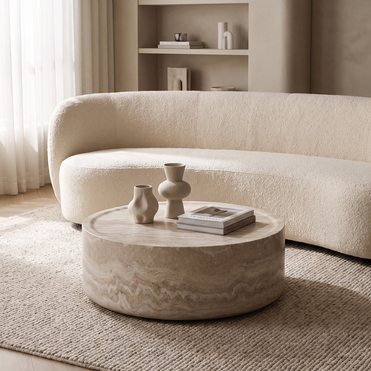 Table basse ronde beige en fibre de verre – design moderne