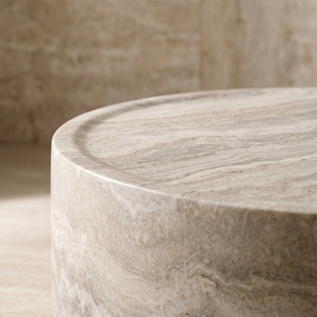 Table basse ronde beige en fibre de verre – design moderne