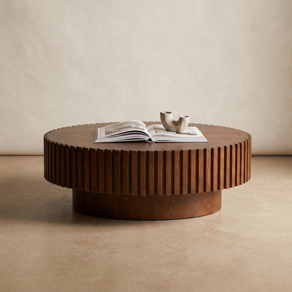 Table basse ronde en bois cannelé – 80 ou 100 cm