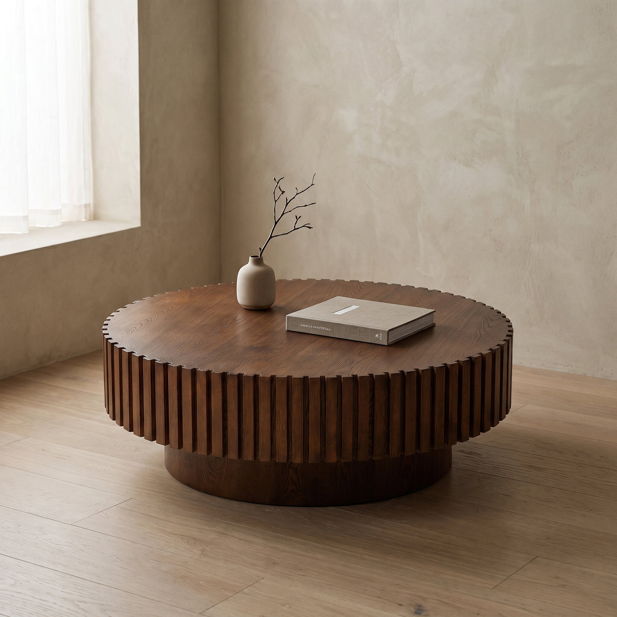 Table basse ronde en bois cannelé – 80 ou 100 cm