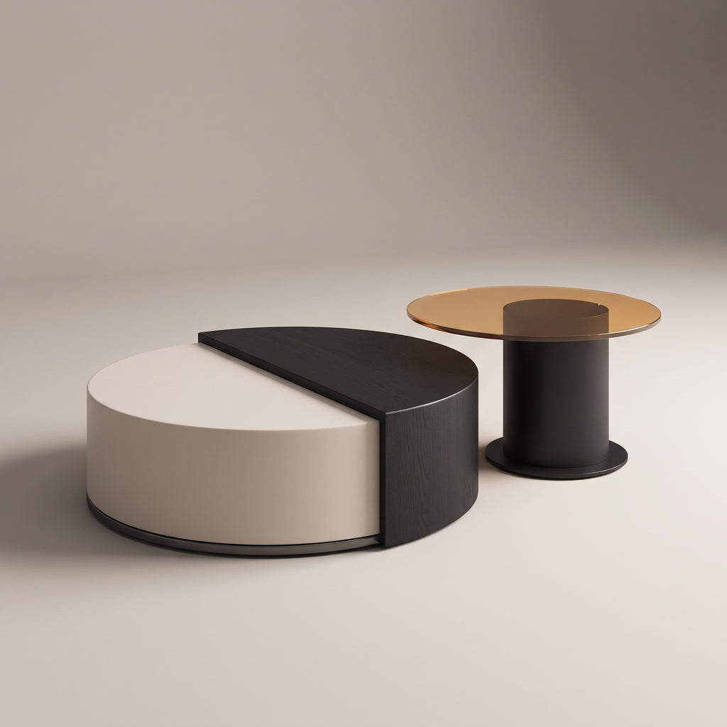 Table basse ronde en bois avec rangement rotatif – design contemporain
