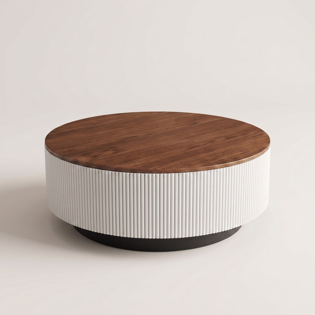 Table basse ronde en bois noir avec rangement – plateau noyer foncé