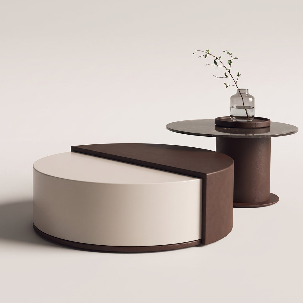 Table basse ronde en bois avec rangement rotatif – design contemporain