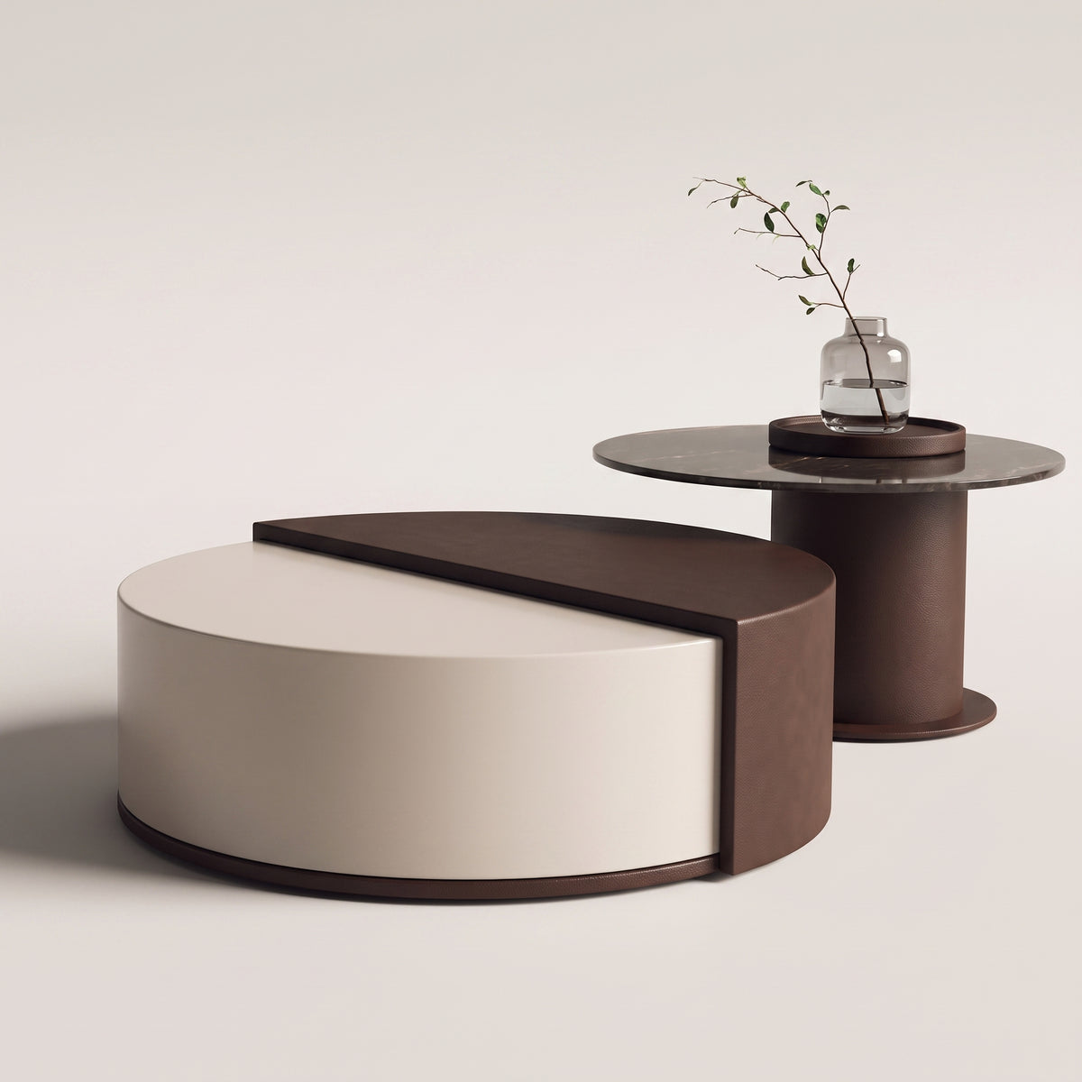 Table basse ronde en bois avec rangement rotatif – design contemporain