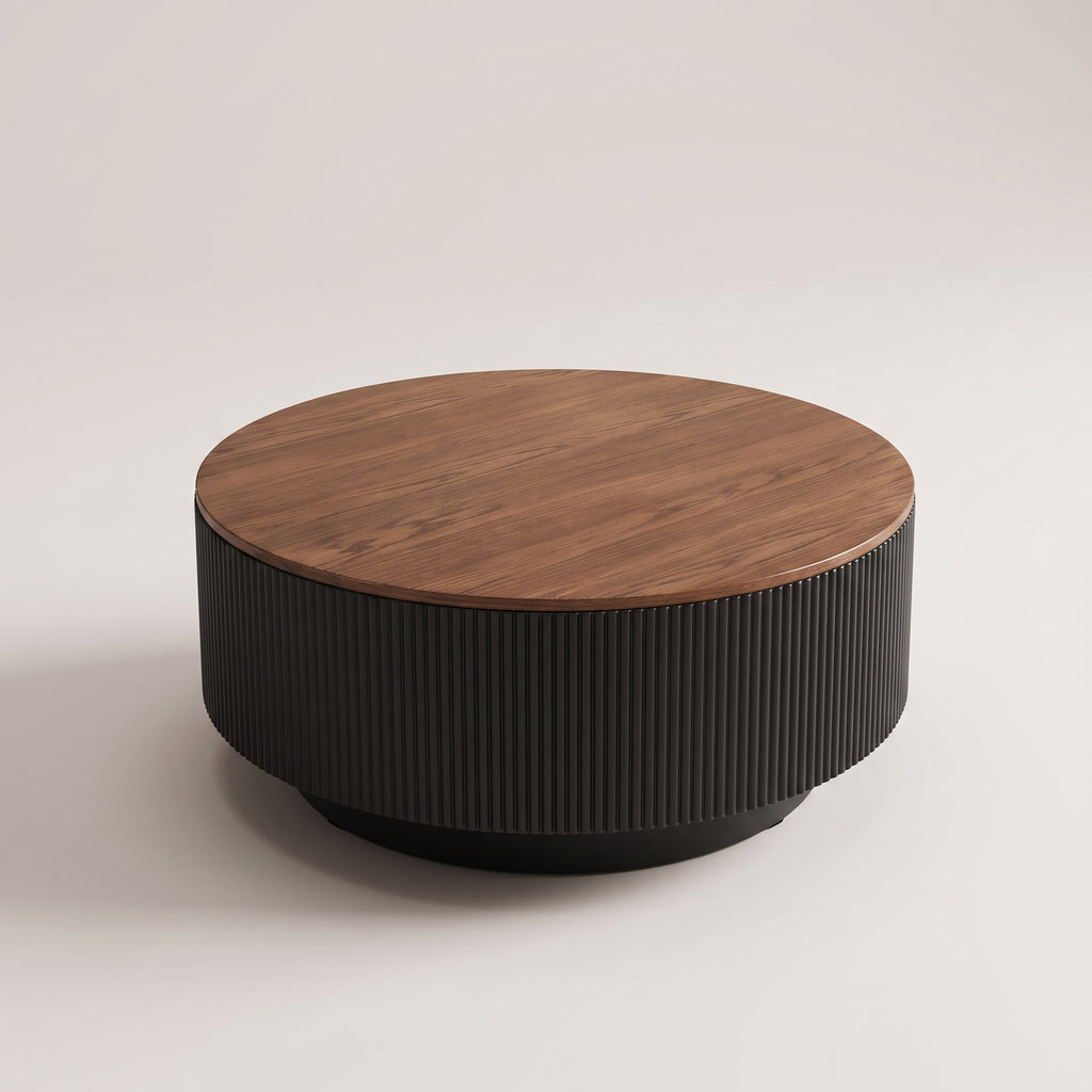 Table basse ronde en bois noir avec rangement – plateau noyer foncé