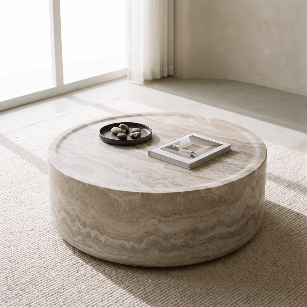 Table basse ronde beige en fibre de verre – design moderne
