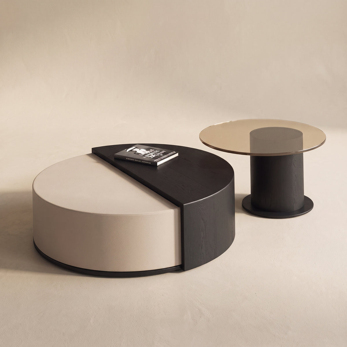 Table basse ronde en bois avec rangement rotatif – design contemporain