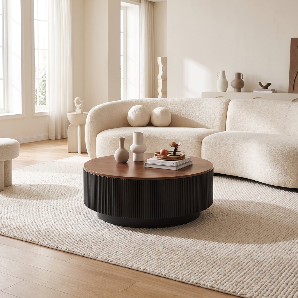 Table basse ronde en bois noir avec rangement – plateau noyer foncé
