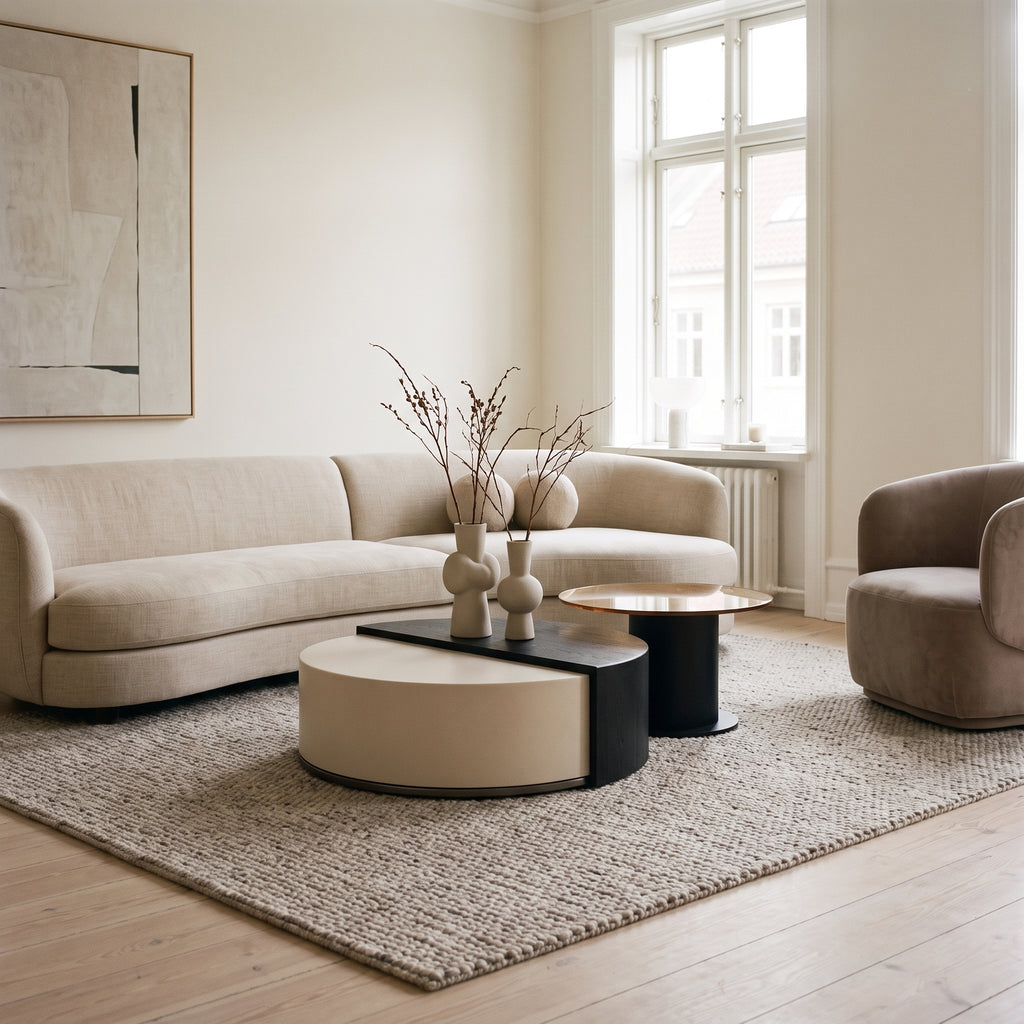 Table basse ronde en bois avec rangement rotatif – design contemporain