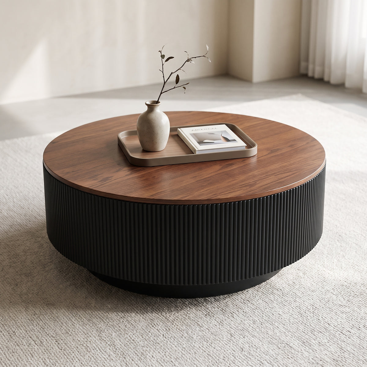 Table basse ronde en bois noir avec rangement – plateau noyer foncé