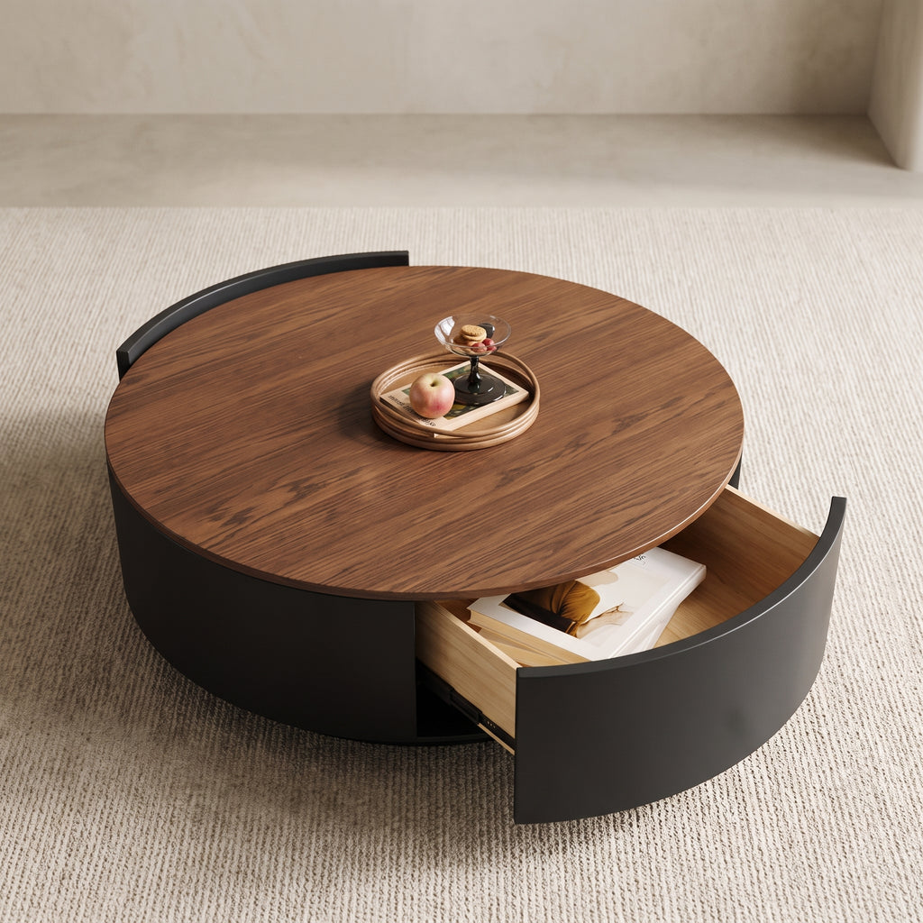 Table basse ronde en bois noir avec rangement – plateau noyer foncé