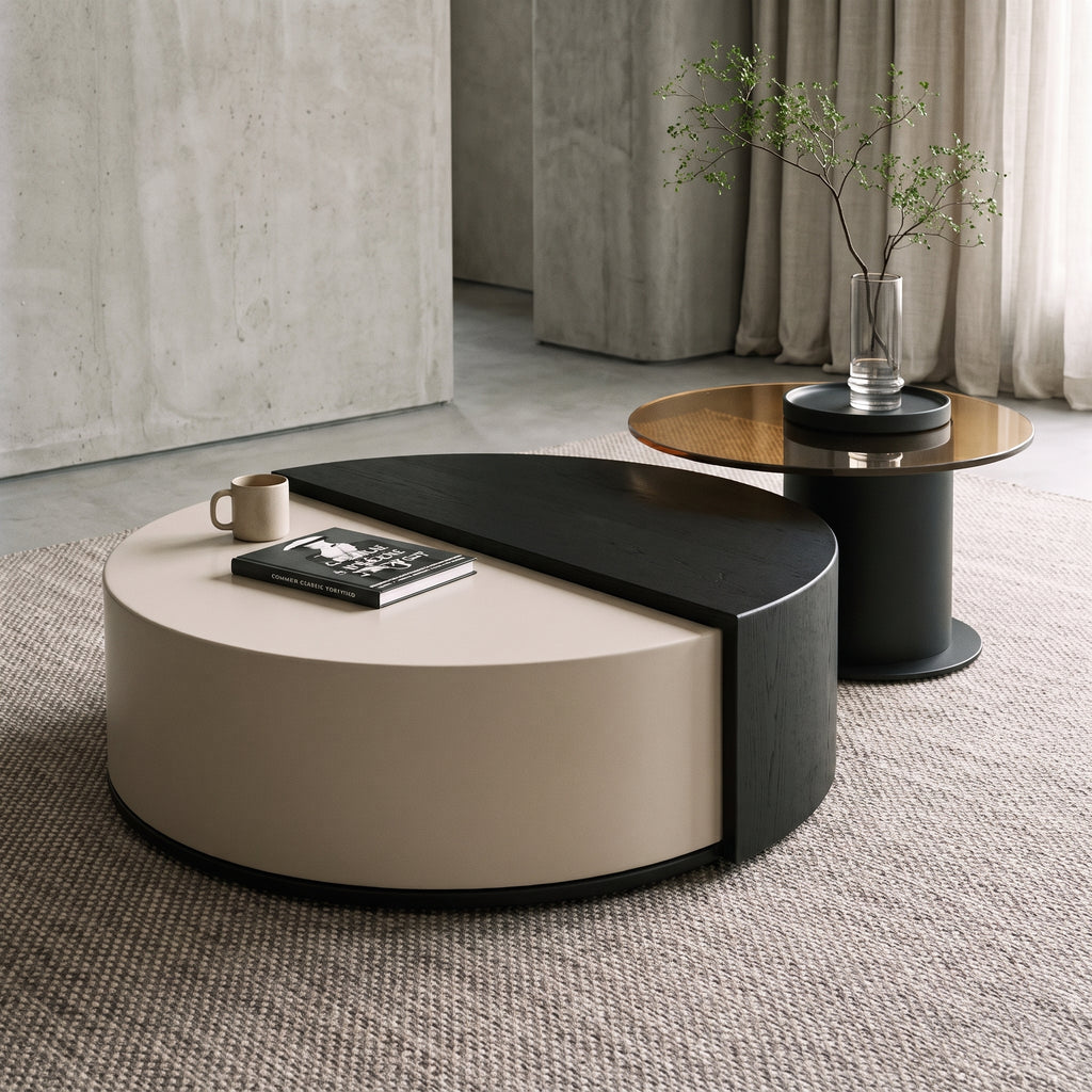 Table basse ronde en bois avec rangement rotatif – design contemporain