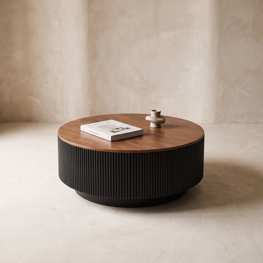 Table basse ronde en bois noir avec rangement – plateau noyer foncé
