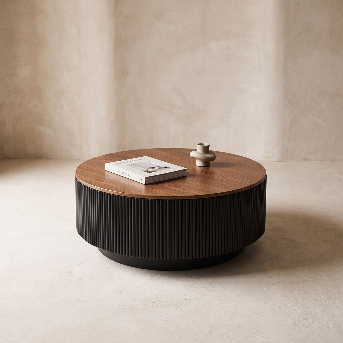 Table basse ronde en bois noir avec rangement – plateau noyer foncé